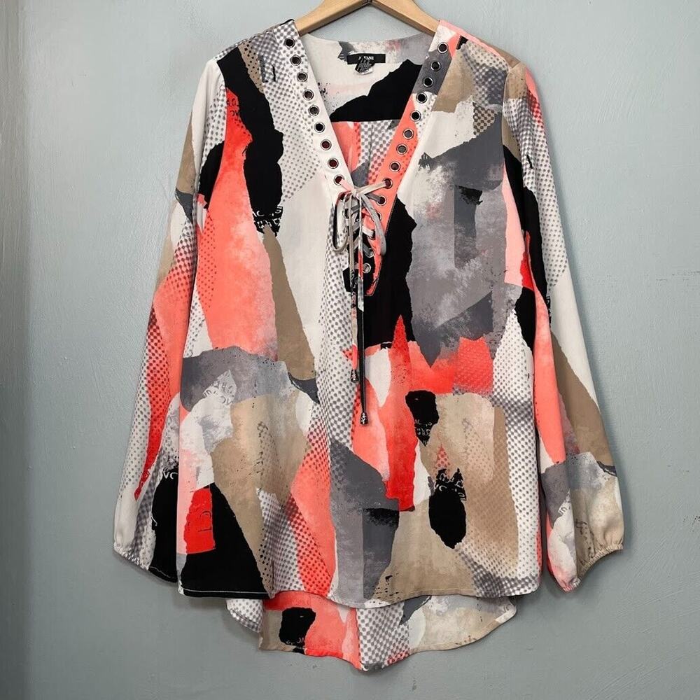 Alfani Top Size 12 Artsy Abstract Watercolor Lace Up Popover Career Edgy Chic